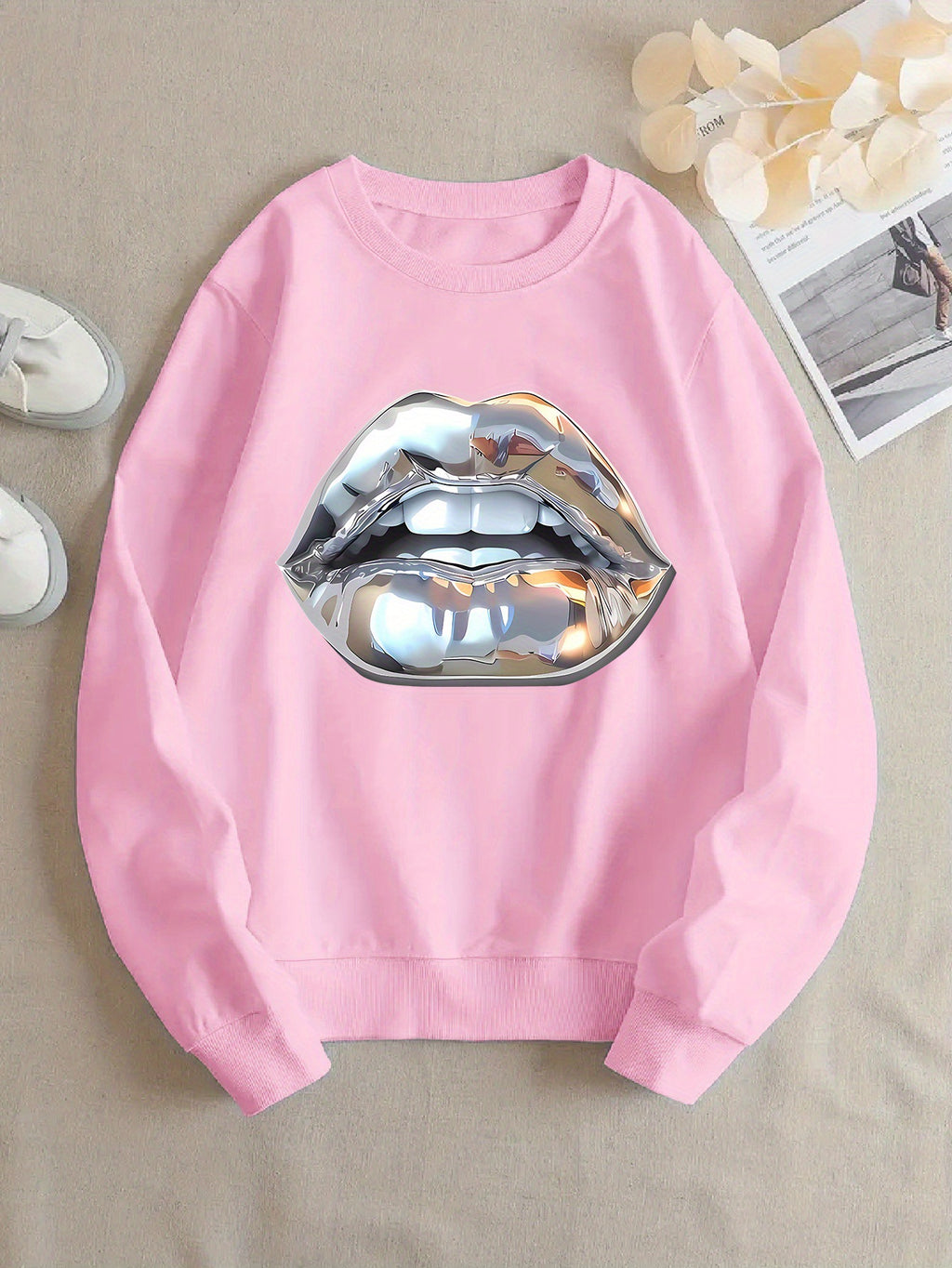 Sweat à manches longues femme motif lèvres silver cartoon.style fun et tendance.