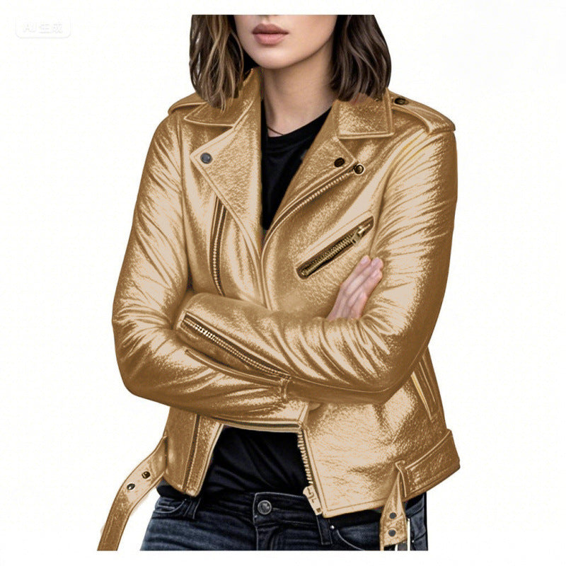 BLOUSON COURT CUIR PU FEMME – VESTE CASUAL SLIM FIT STREET HIPSTER RIVETS