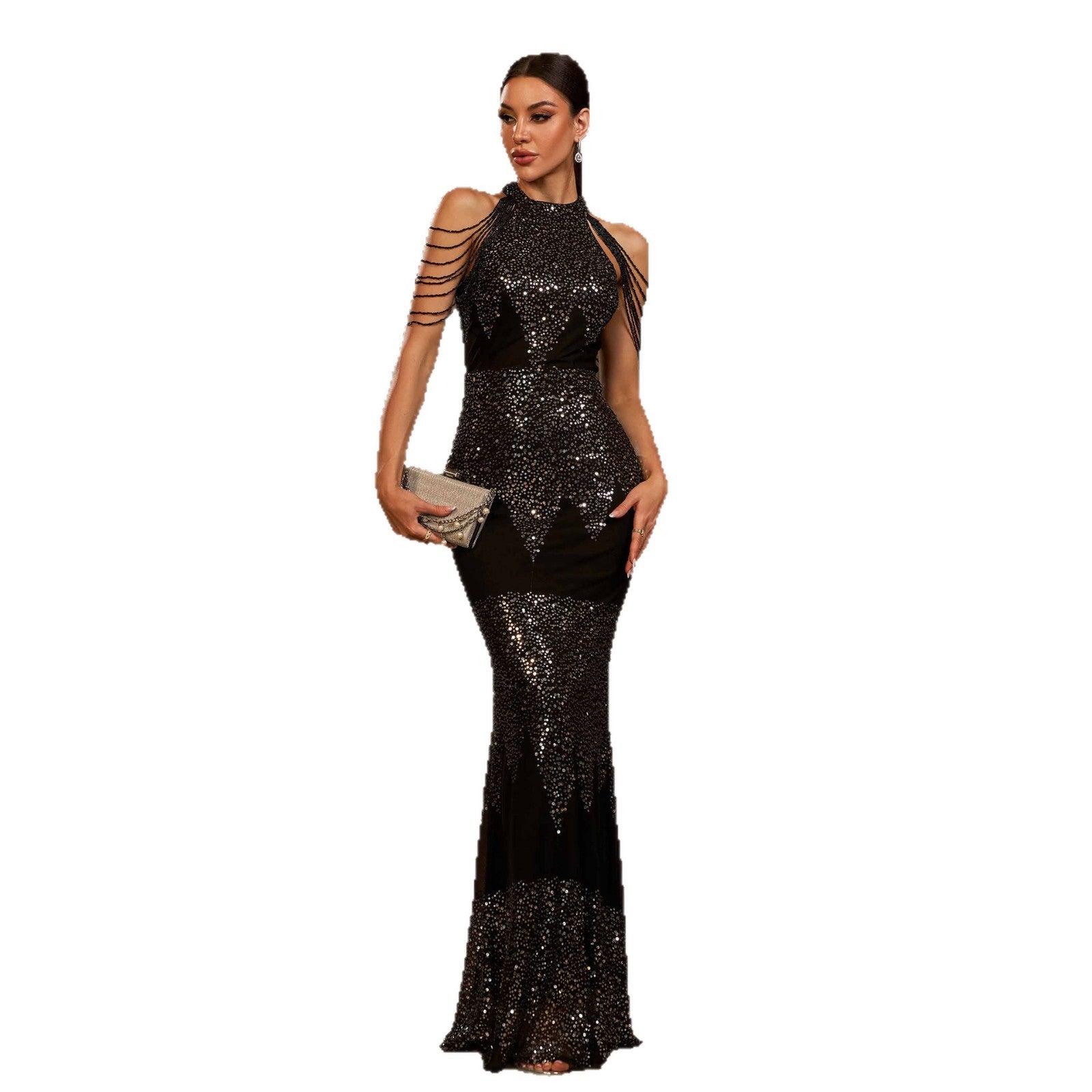 Robe de soirée noire à sequins – moulante, élégante, sans manches