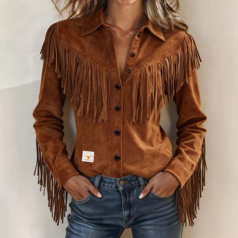 Veste Suede Col Entaillé Pompons