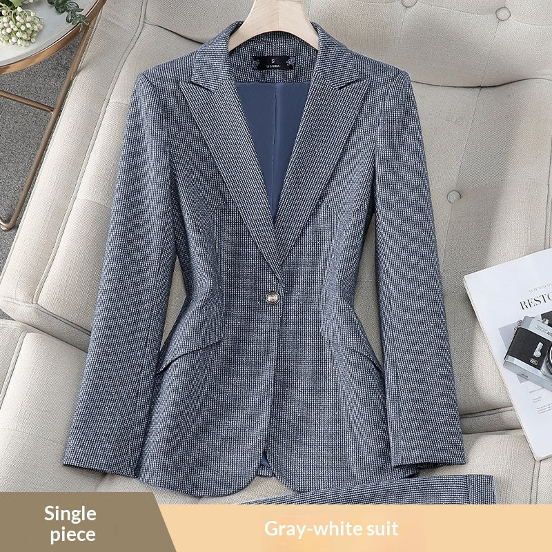 Costume blazer strass femme gris/rouge/café – pantalon court chic affaires