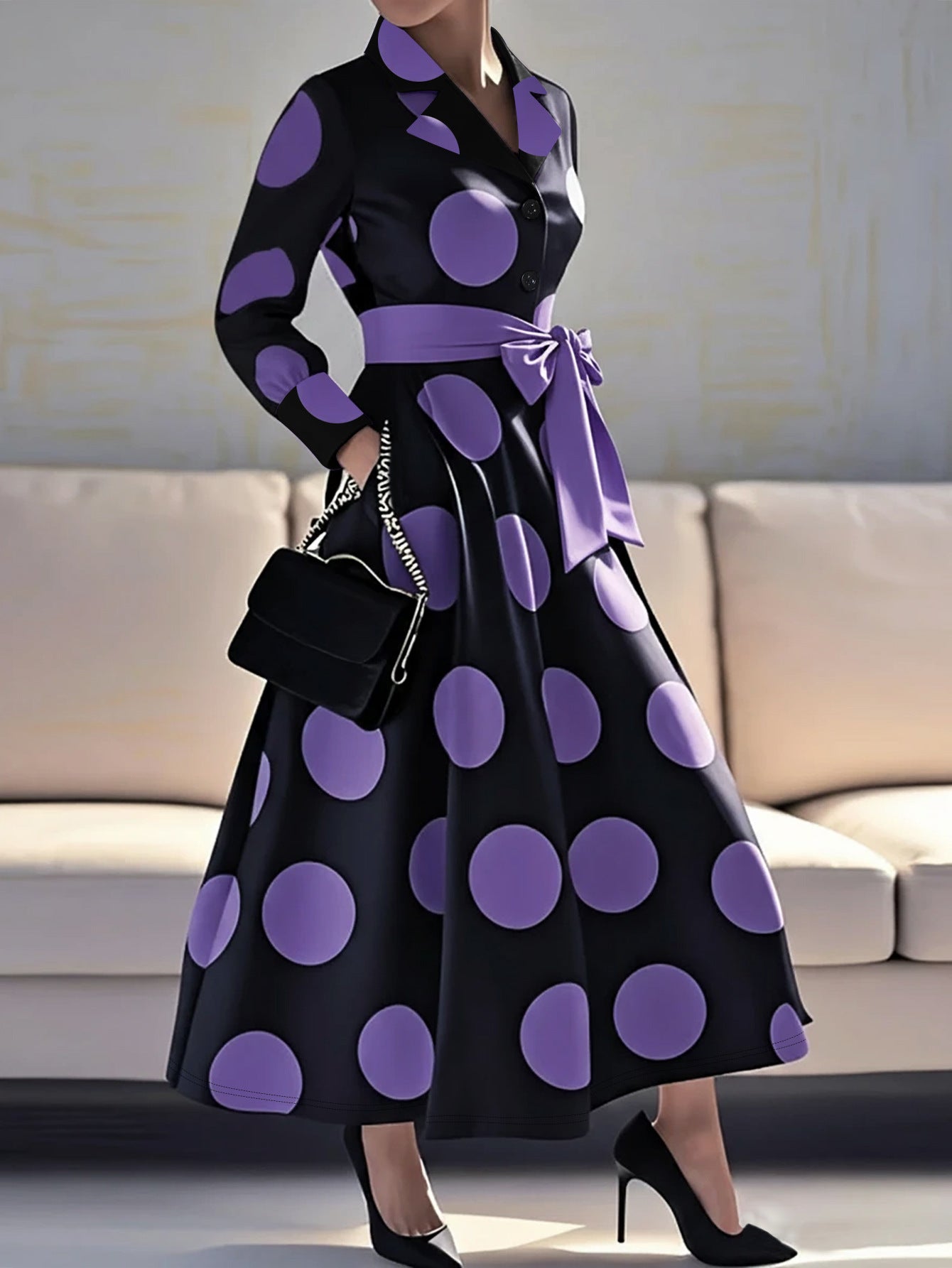 Robe imprimée V-neck cintrée taille, chic femme