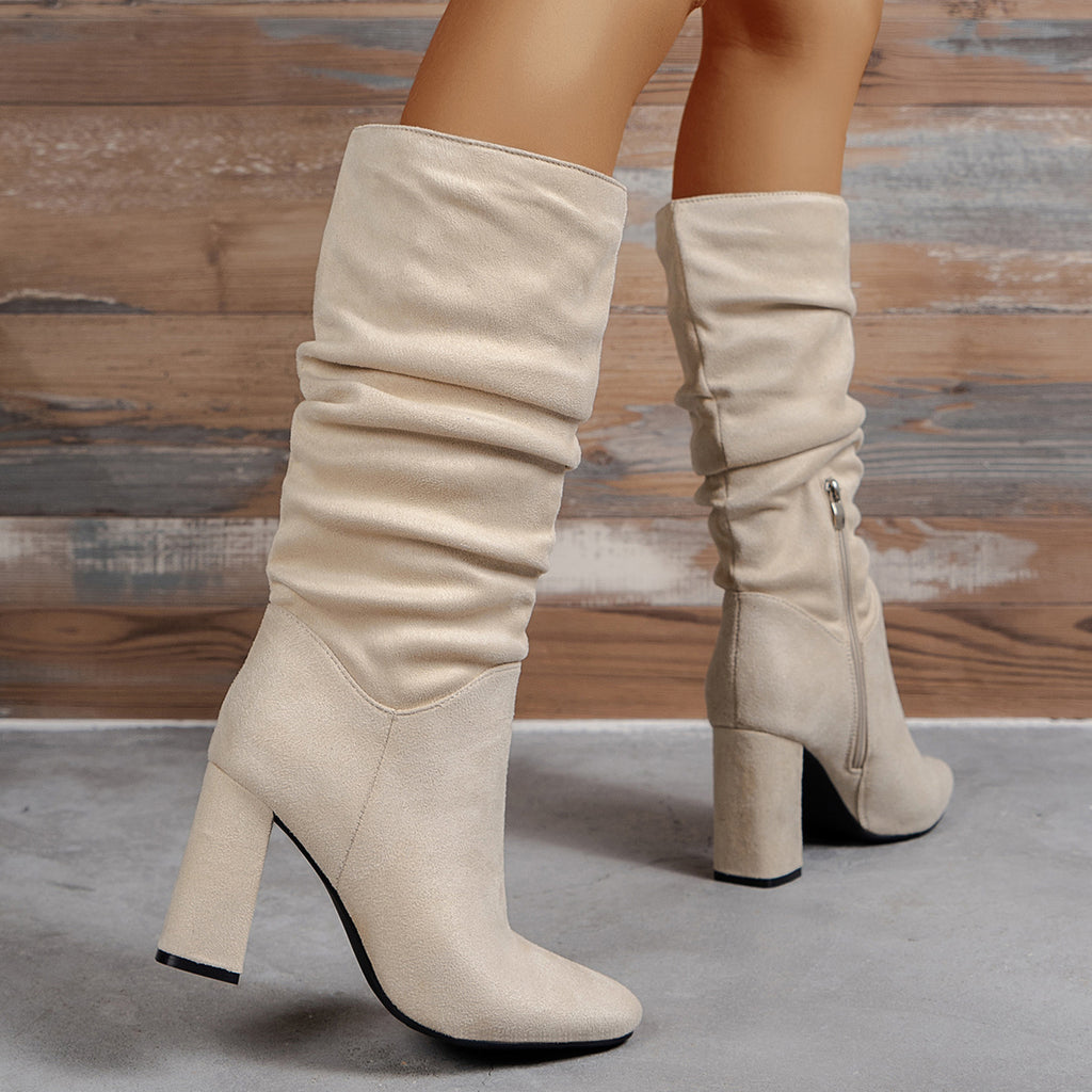 Bottes femmes daim beige talon épais ridé – tige haute euro/américain