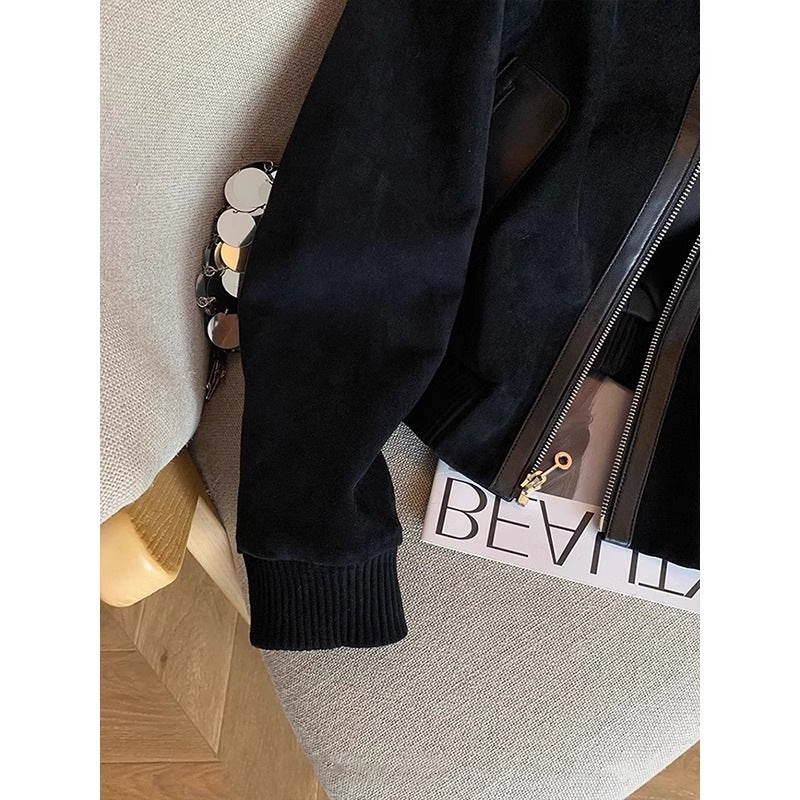 Blazer patchwork simili suède noir, coupe courte tendance femme.