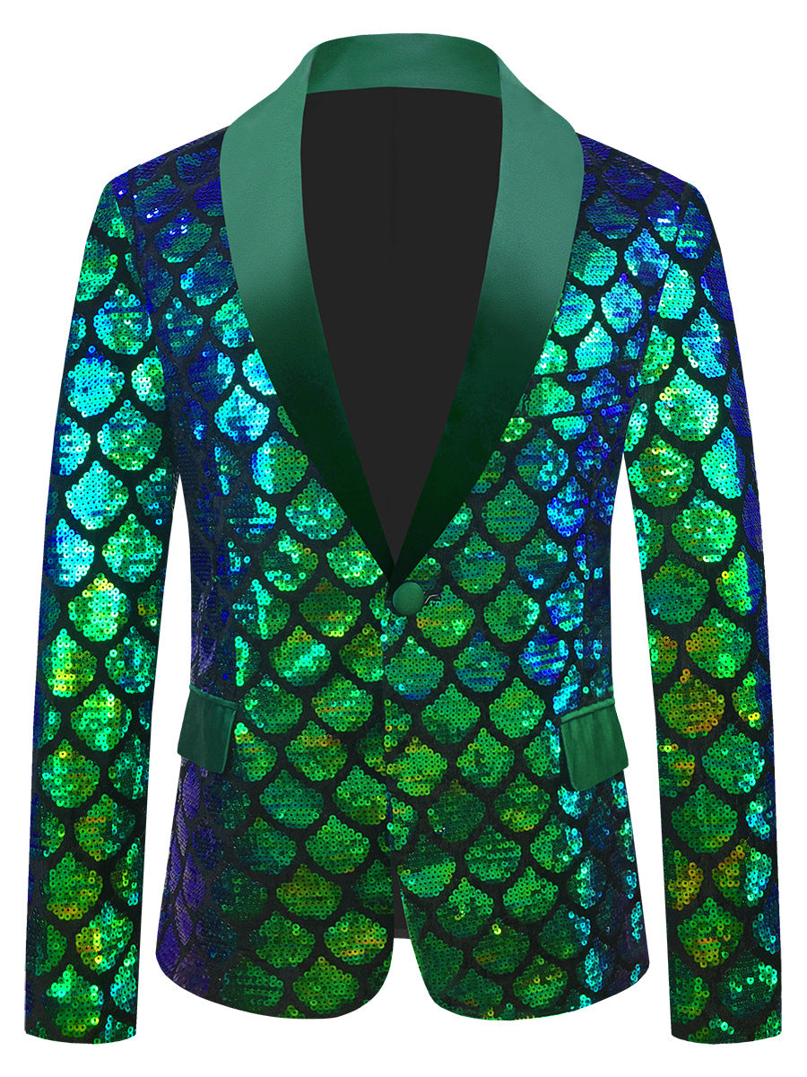 Costume pour homme en velours coloré à paillettes et à écailles.