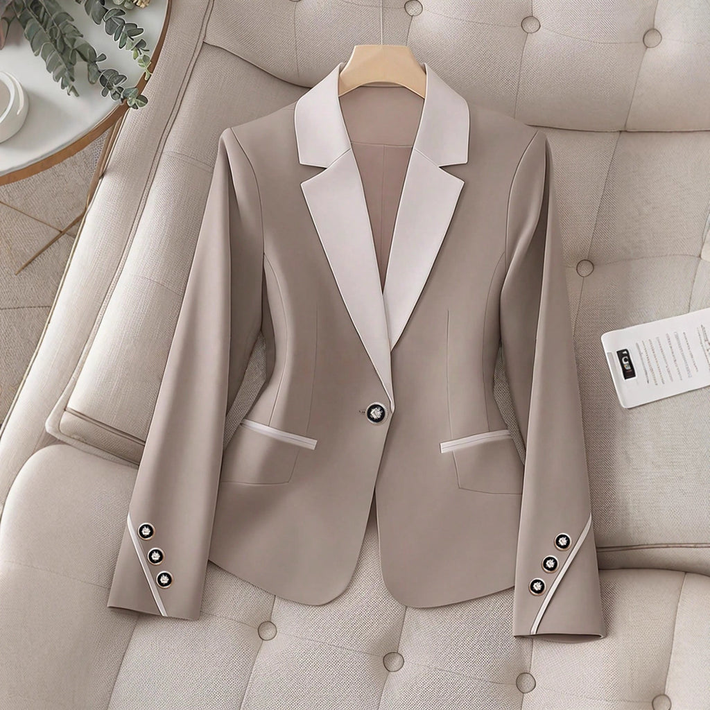 Elegant Women's Khaki Blazer – Chic Contrasting Buttons