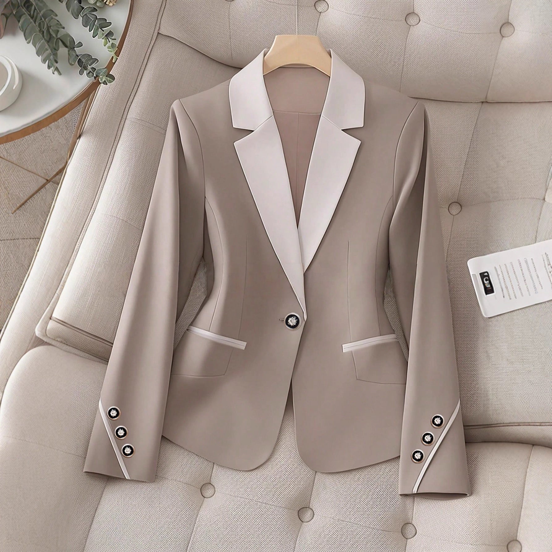 Elegant Women's Khaki Blazer – Chic Contrasting Buttons