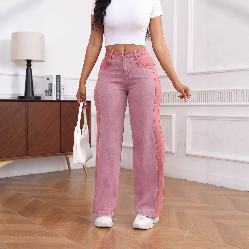 Jean wide leg femme élastique vert/magenta – Panneaux structurés lavage acide élégant