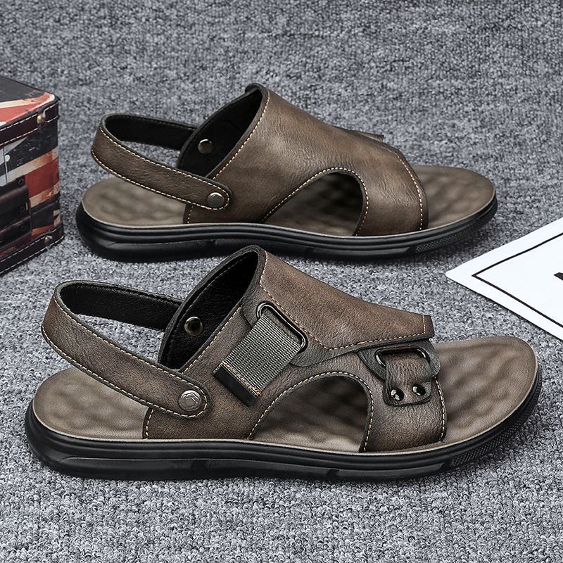 Sandales plage homme cuir vachette antidérapantes – semelle épaisse gris/noir
