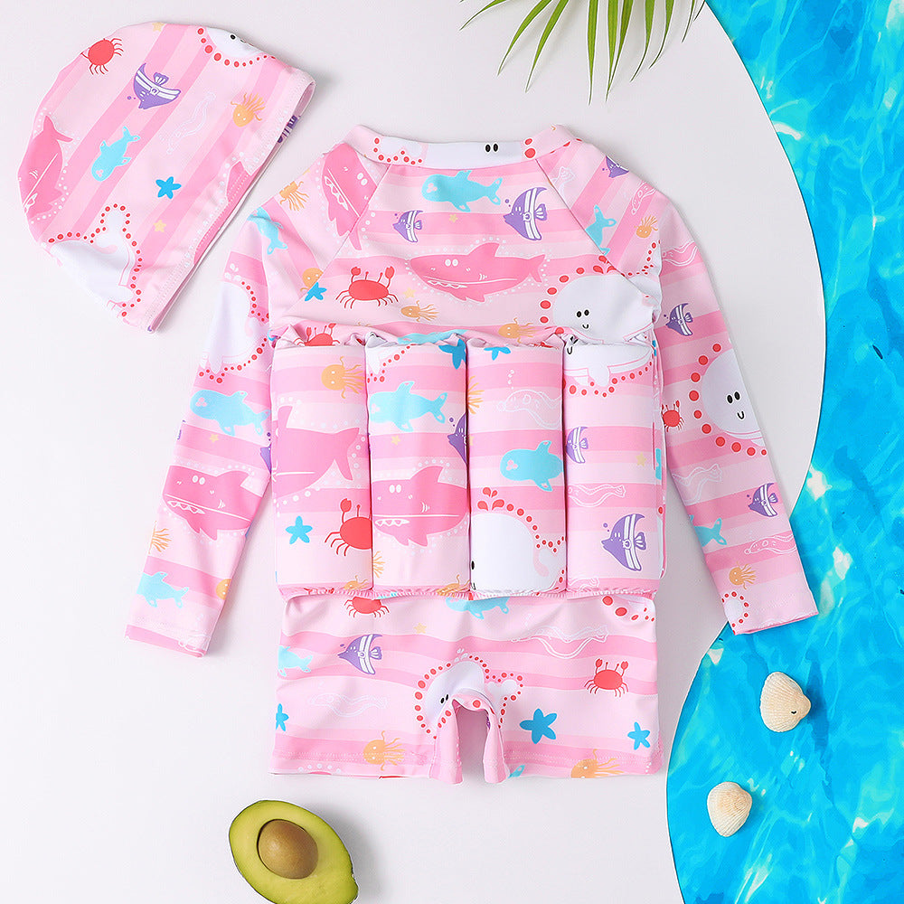 Maillot de bain flottant enfant une pièce avec chapeau – bleu ou rose