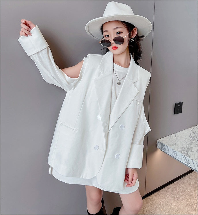 Manteau mi-long double boutonnage enfant en coton – blanc ou kaki
