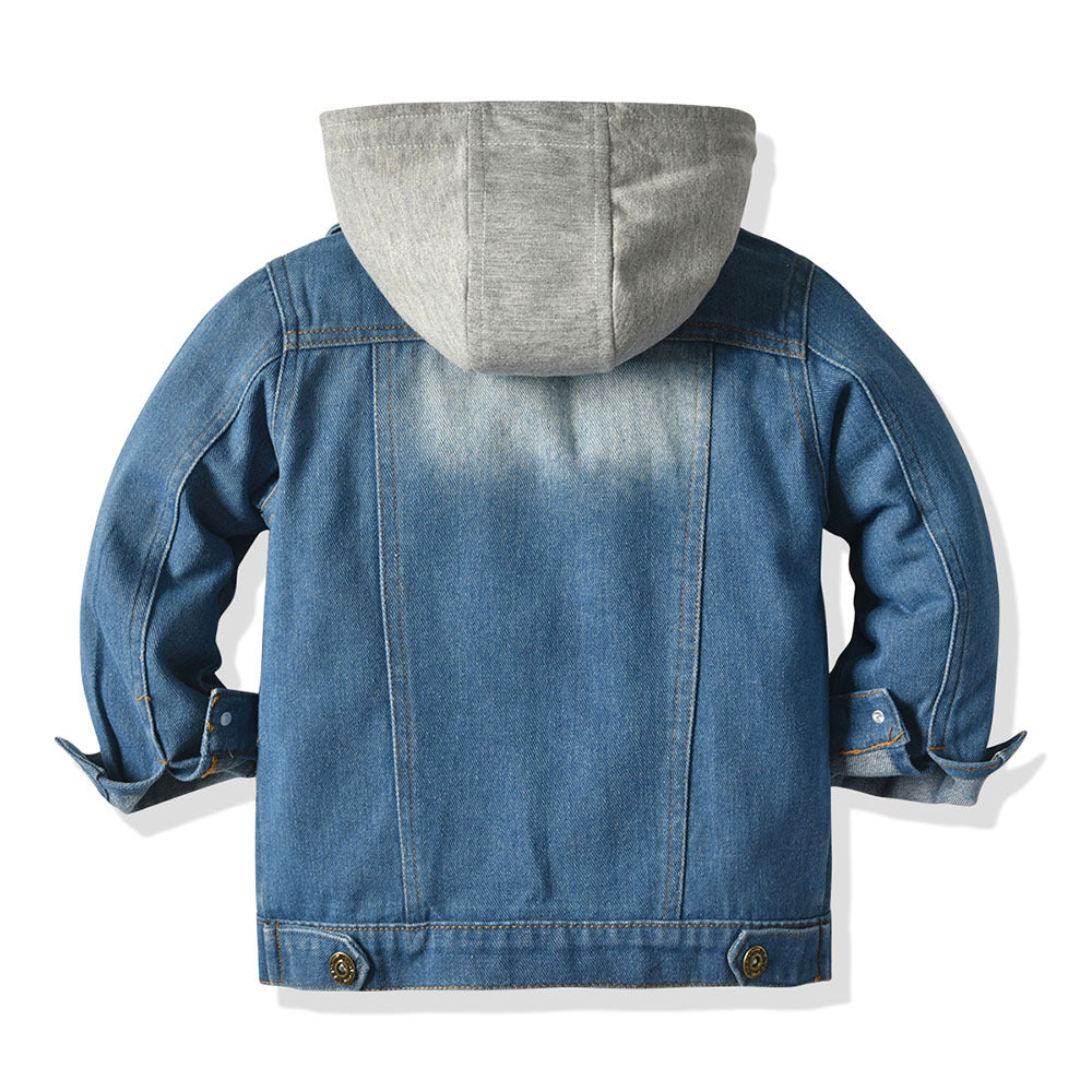 Veste denim enfant faux deux pièces capuche loose – gris/noir unisexe