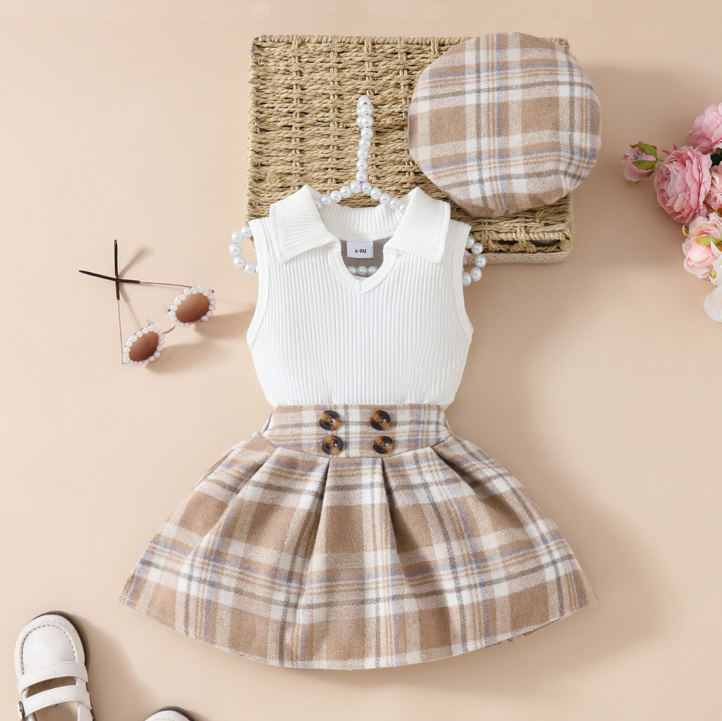 Ensemble fille 3 pièces béret haut jupe à carreaux – rose ou blanc laiteux