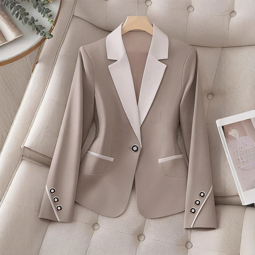 Elegant Women's Khaki Blazer – Chic Contrasting Buttons