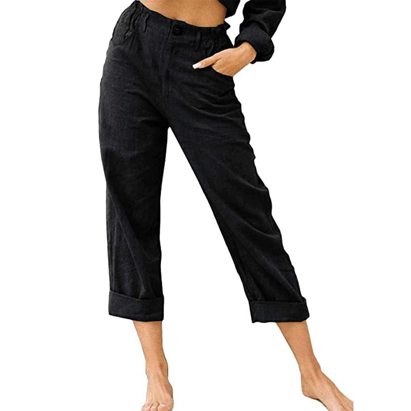 Pantalon femme en coton lin à taille haute – ample, confortable et décontracté