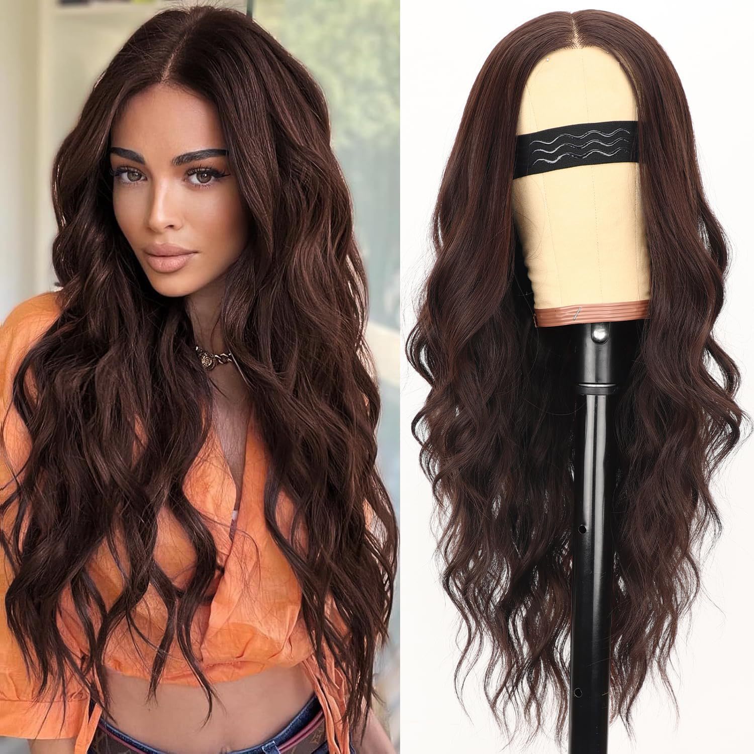 Perruque lace big wave brun foncé – fibre résistante à la chaleur