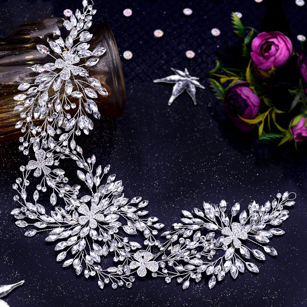 SERRE-TÊTE MARIAGE LONG FLEURS STRASS – DESIGN 100% NOUVEAU ARGENT 47.5x10.5CM