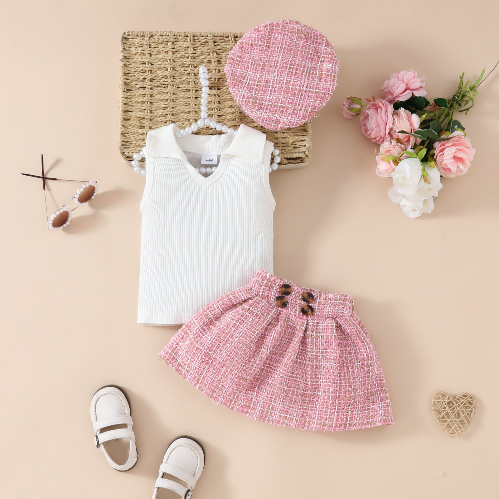 Ensemble fille 3 pièces béret haut jupe à carreaux – rose ou blanc laiteux