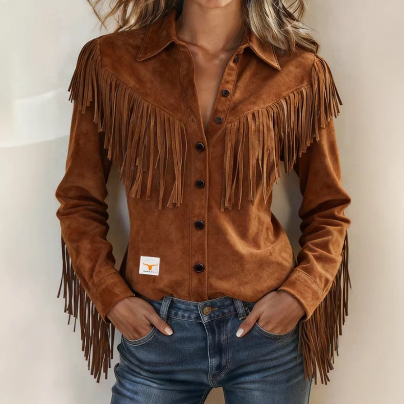 Veste Suede Col Entaillé Pompons