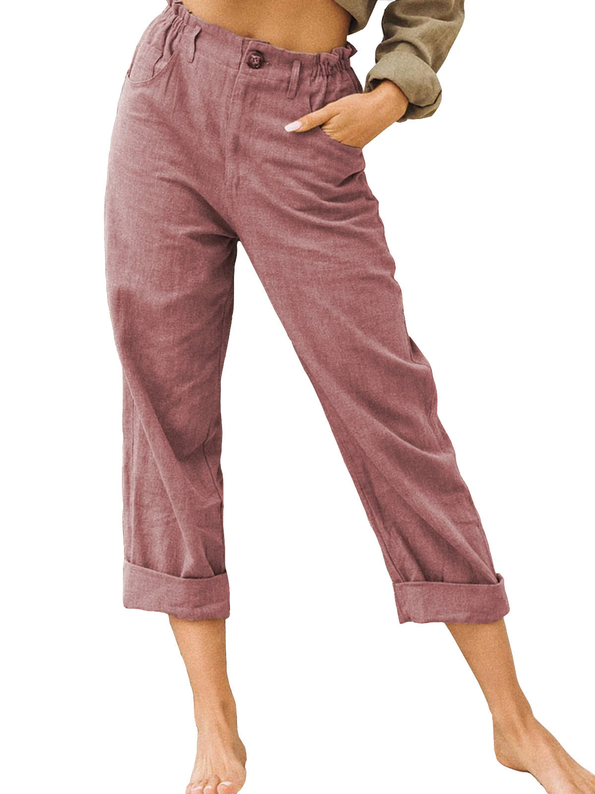 Pantalon femme en coton lin à taille haute – ample, confortable et décontracté
