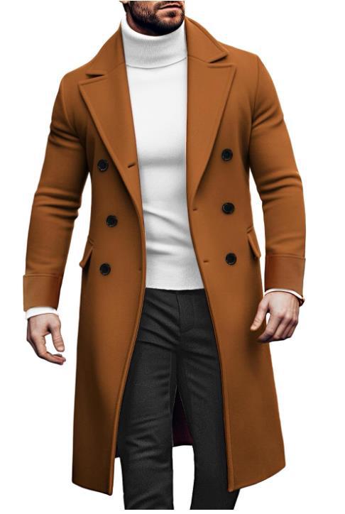 Manteau long laine double boutonnage homme – vert/rouge/kaki/bleu