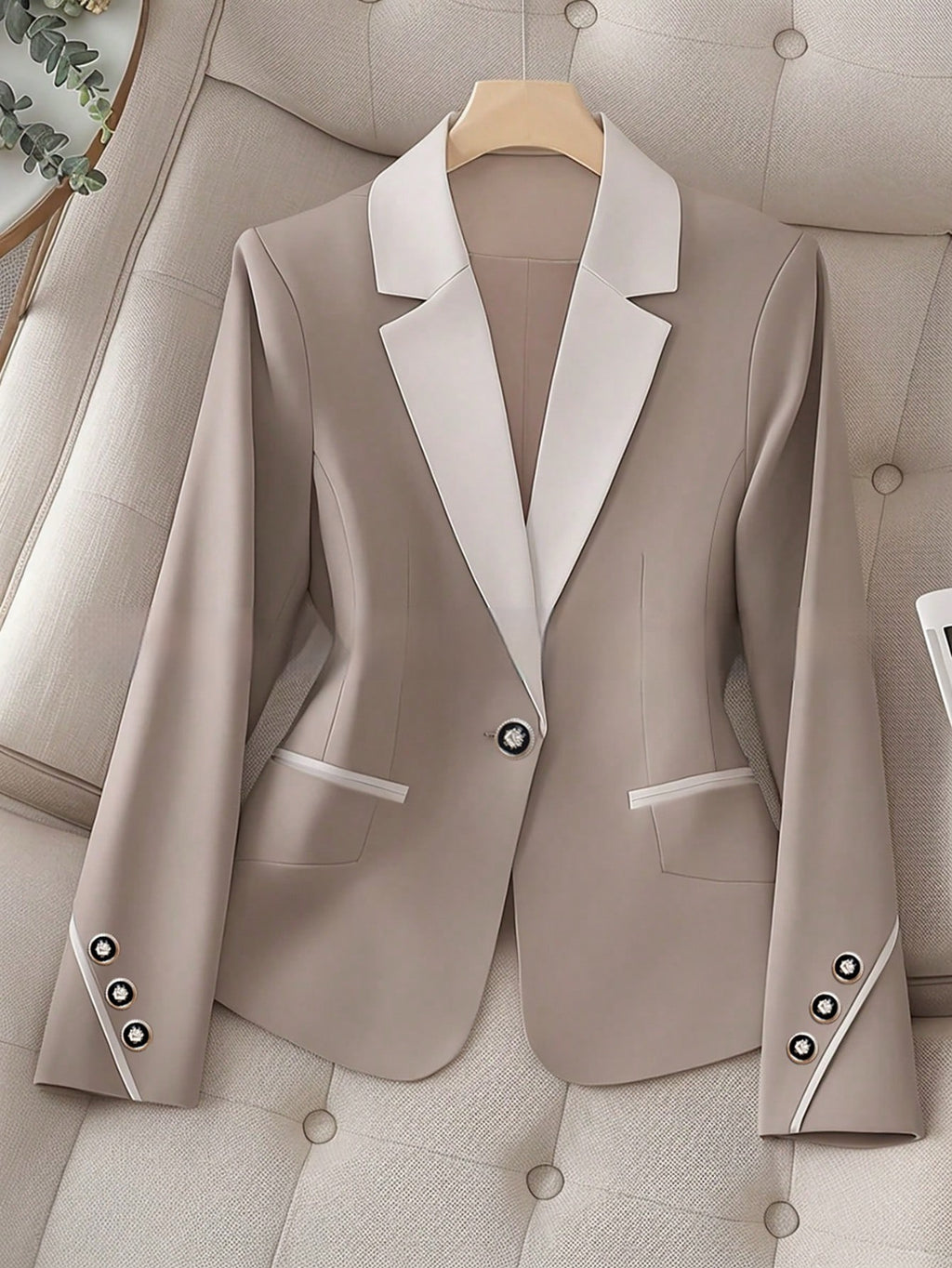Elegant Women's Khaki Blazer – Chic Contrasting Buttons