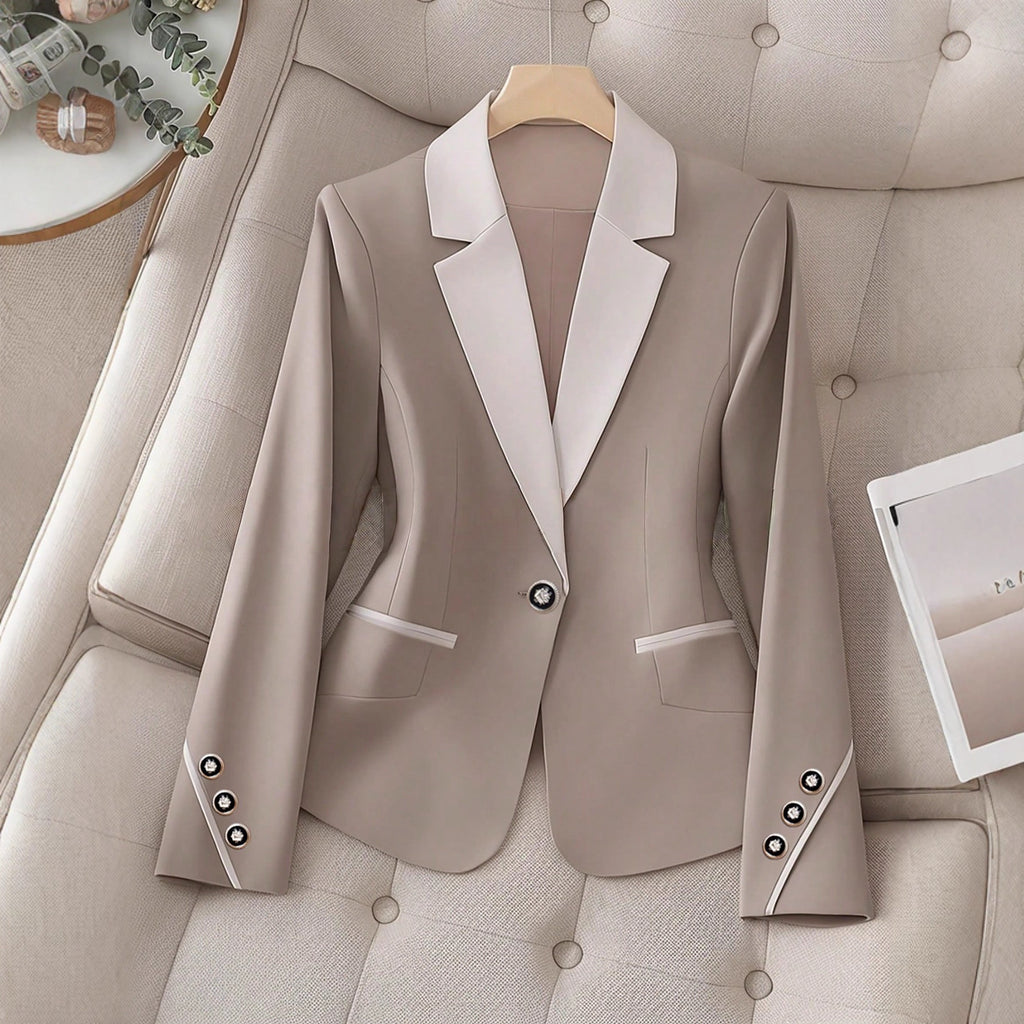 Elegant Women's Khaki Blazer – Chic Contrasting Buttons