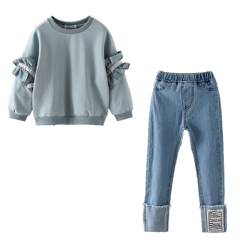 Costume enfant en jean avec manches en dentelle – ensemble pantalon, style chic