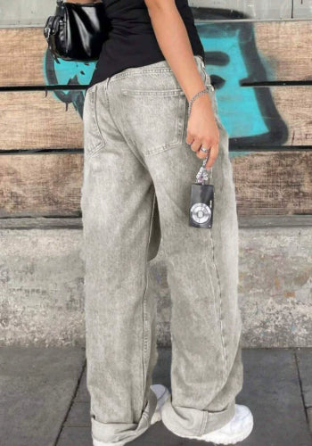PANTALON FEMME TAILLE HAUTE LARGE DENIM GRIS – COUPE DROITE STREETWEAR