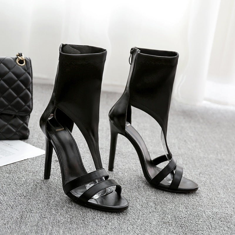 Sandales satin à talons fins bout ajouré