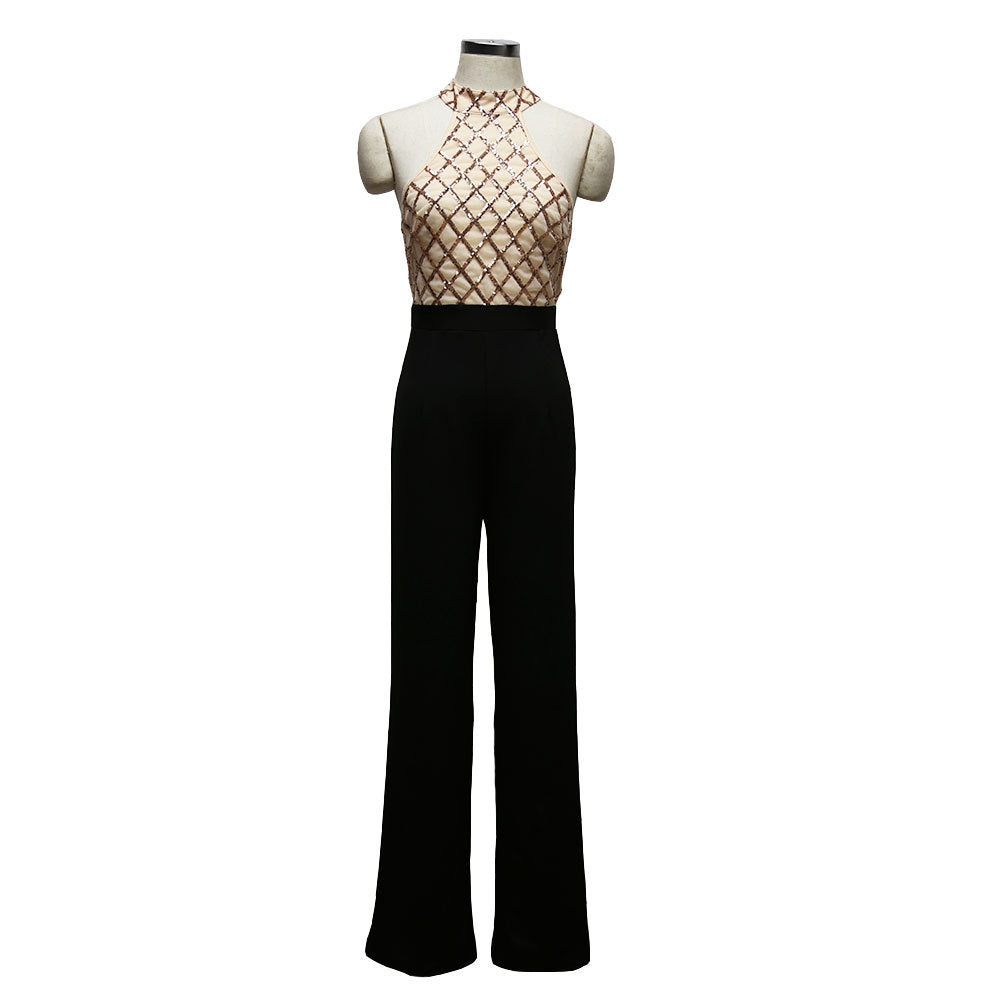 Combinaison femme sexy à sequins style européen et américain – col noué, coupe trompette