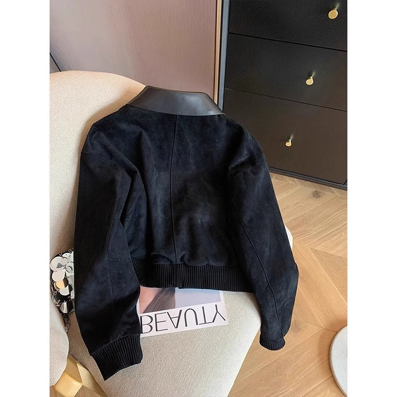 Blazer patchwork simili suède noir, coupe courte tendance femme.