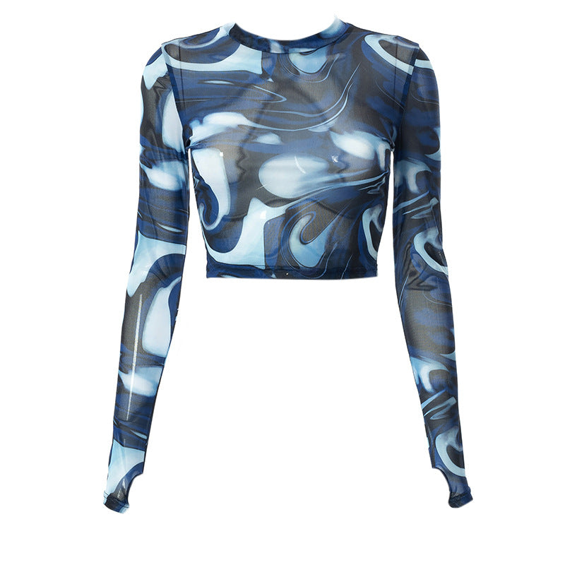Haut court femme imprimé col rond manches longues – polyester spandex