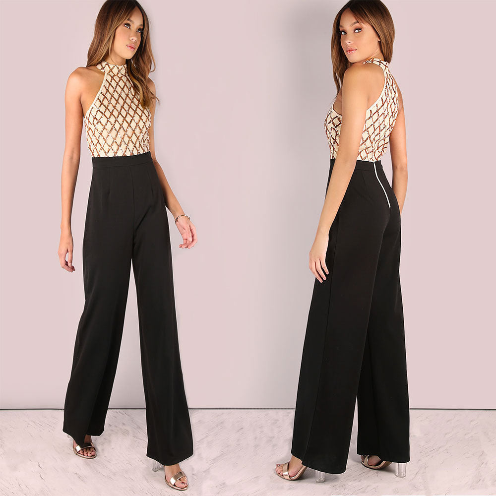 Combinaison femme sexy à sequins style européen et américain – col noué, coupe trompette