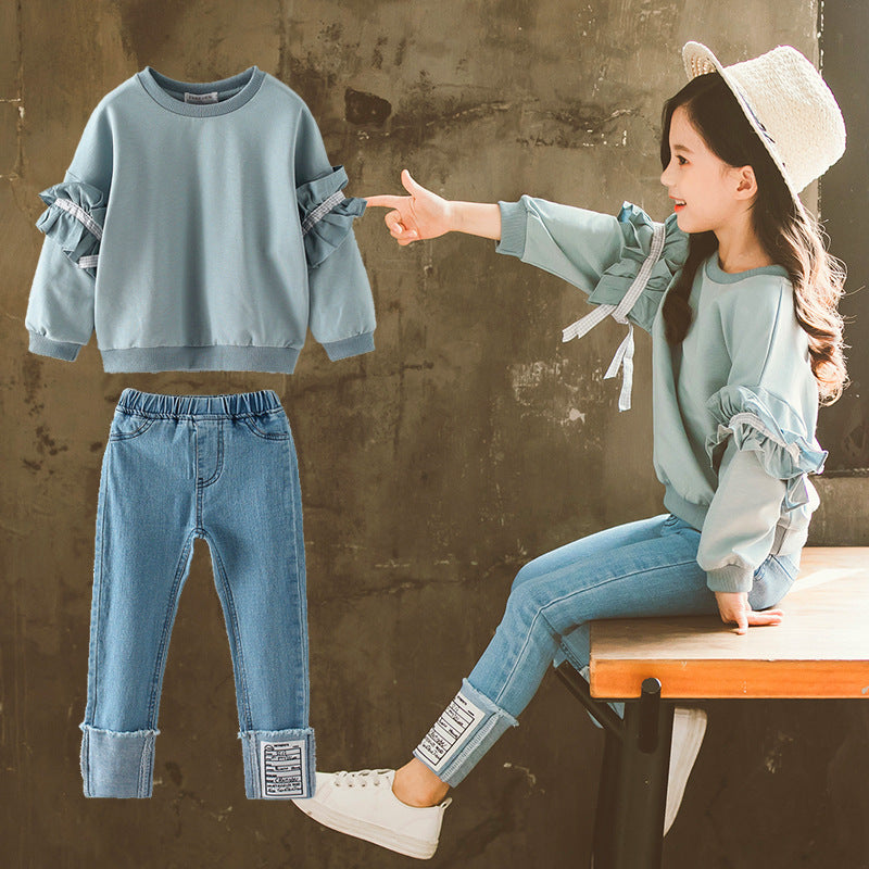 Costume enfant en jean avec manches en dentelle – ensemble pantalon, style chic