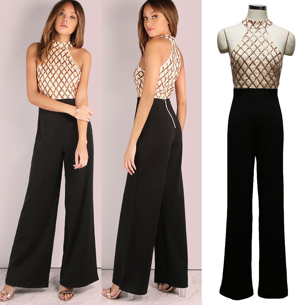 Combinaison femme sexy à sequins style européen et américain – col noué, coupe trompette