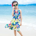 Robe de plage chiffon bretelles fleurs bleues pour mere et fille
