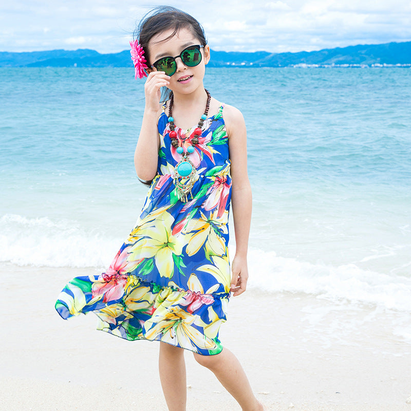 Robe de plage chiffon bretelles fleurs bleues pour mere et fille