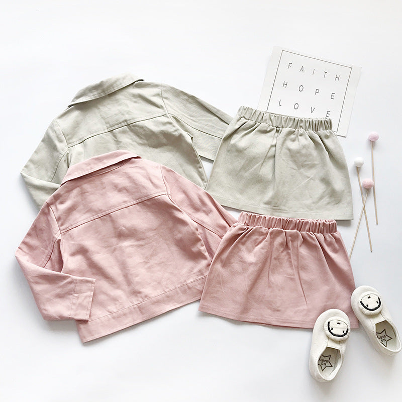 Ensemble fille tendance 2 pièces rose ou kaki – top manches courtes et jupe courte en coton