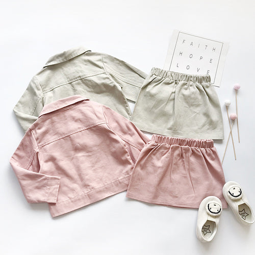 Ensemble fille tendance 2 pièces rose ou kaki – top manches courtes et jupe courte en coton