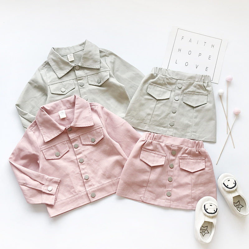 Ensemble fille tendance 2 pièces rose ou kaki – top manches courtes et jupe courte en coton