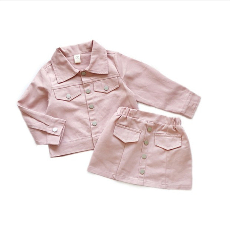 Ensemble fille tendance 2 pièces rose ou kaki – top manches courtes et jupe courte en coton