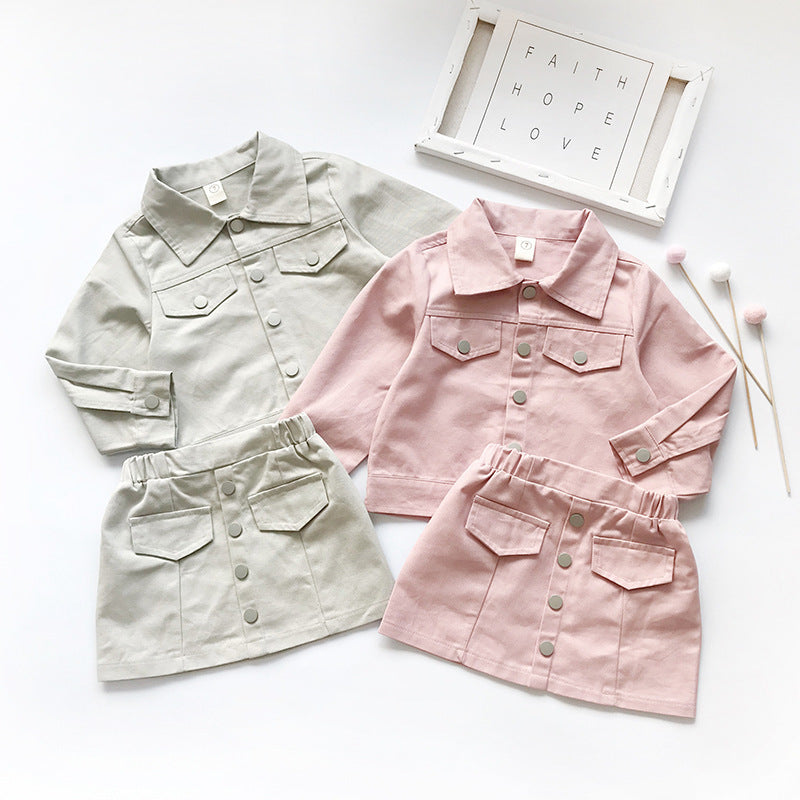 Ensemble fille tendance 2 pièces rose ou kaki – top manches courtes et jupe courte en coton