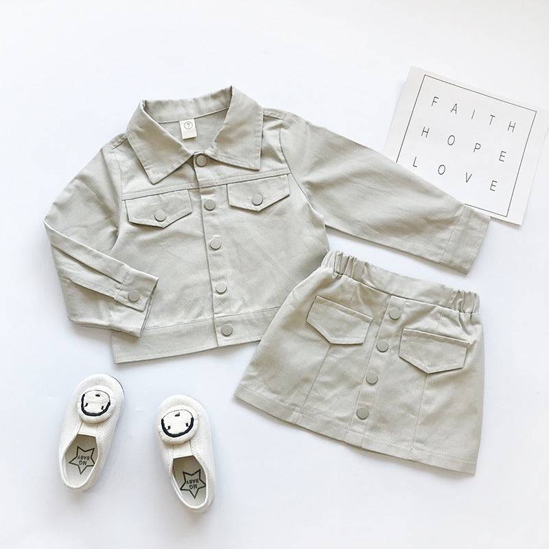 Ensemble fille tendance 2 pièces rose ou kaki – top manches courtes et jupe courte en coton