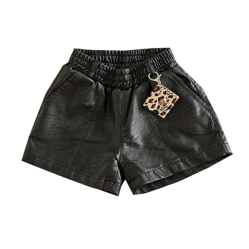 Short en cuir PU noir pour fille – taille haute, style basique et all-match