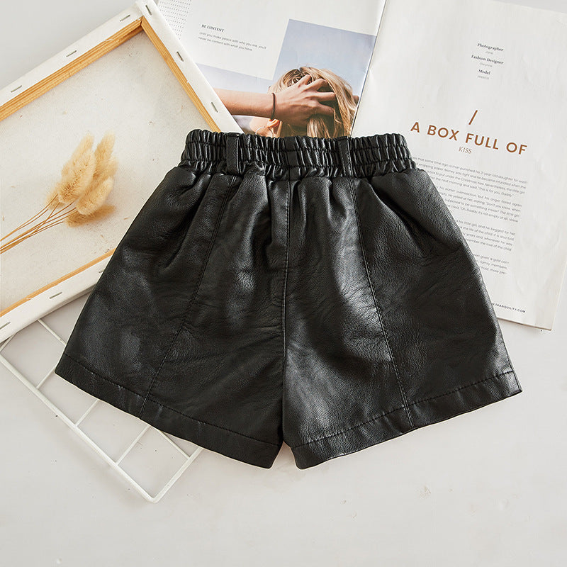 Short en cuir PU noir pour fille – taille haute, style basique et all-match