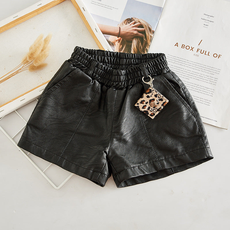 Short en cuir PU noir pour fille – taille haute, style basique et all-match