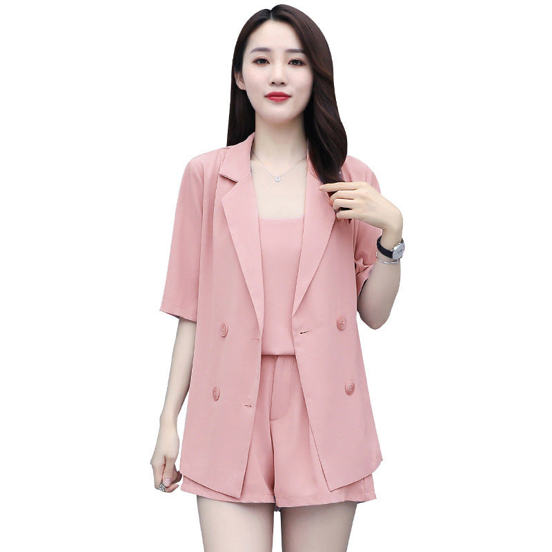 Costume 3 pièces shorts femme coréen slim fit – set tendance fée écharpe S-4XL