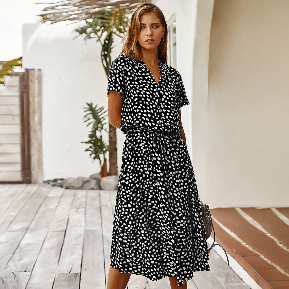 Robe femme imprimé vague – taille haute, manches courtes, légère et tendance