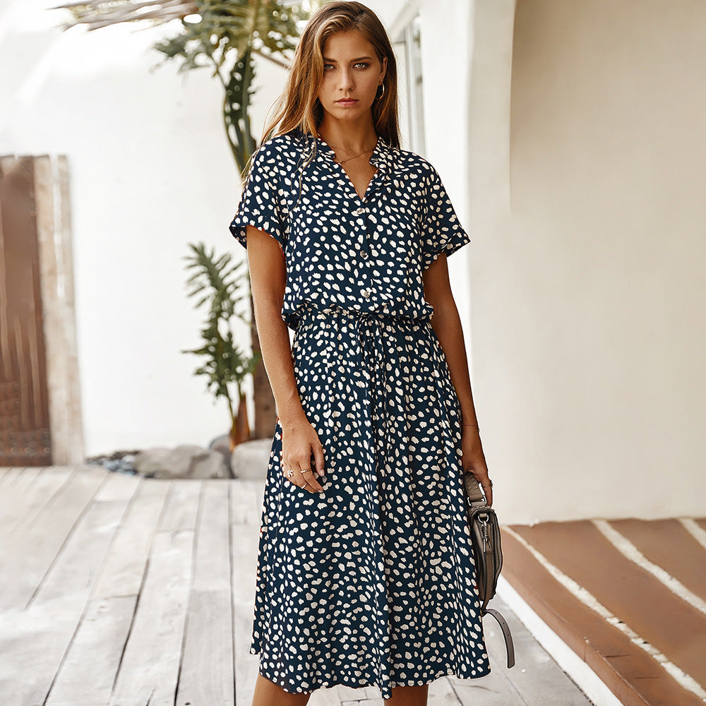Robe femme imprimé vague – taille haute, manches courtes, légère et tendance